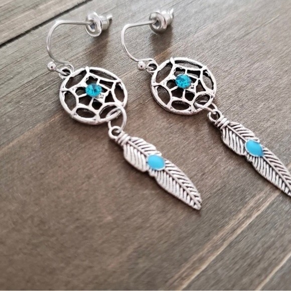 Silver Dream Catcher Feather Blue Stone Earrings NWT - Picture 1 of 5